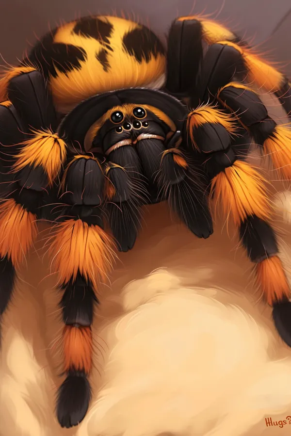 Octoralis, a fuzzy orange and black spider